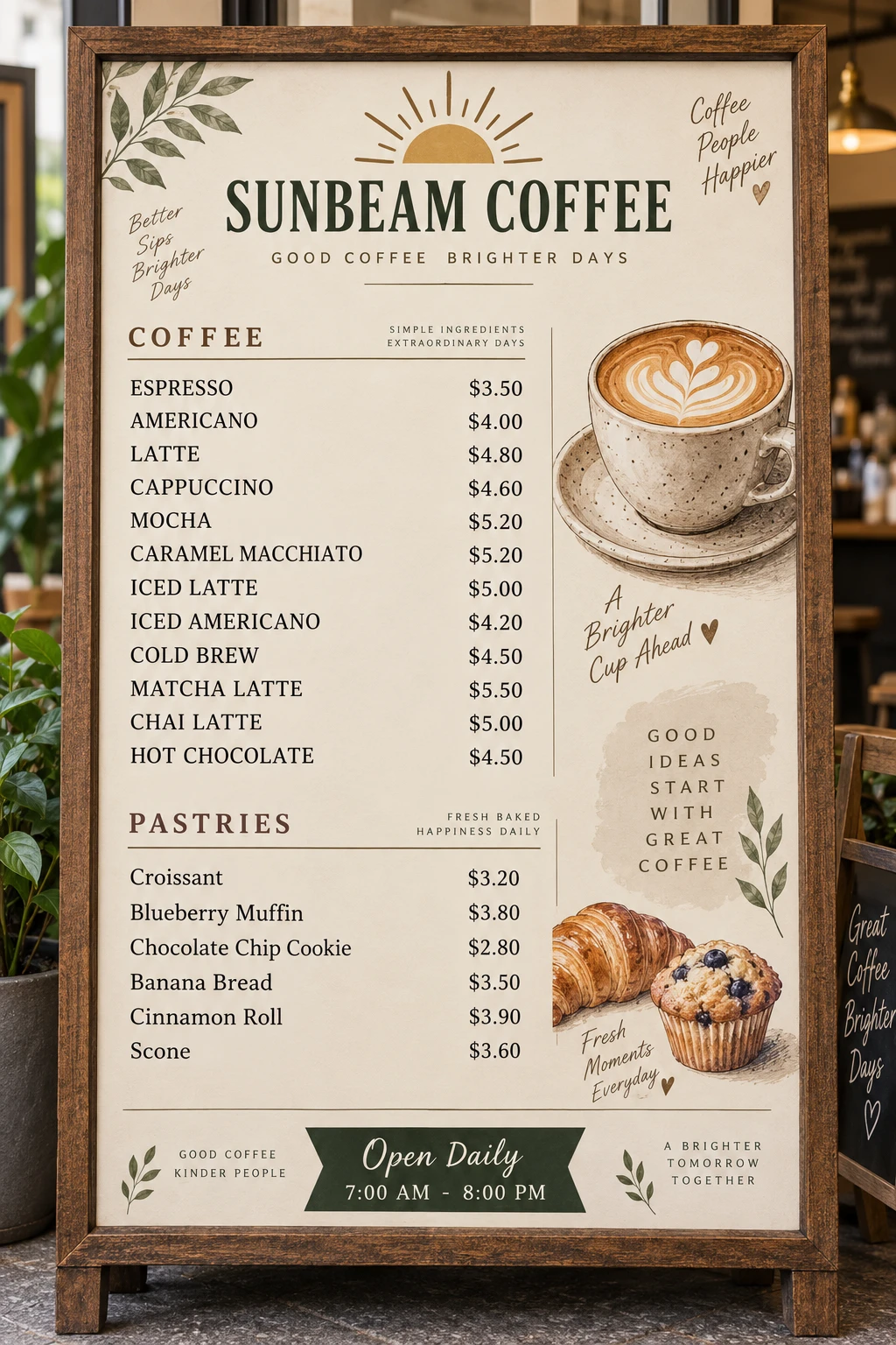 Coffee menu with the MOCHA price at $5.20