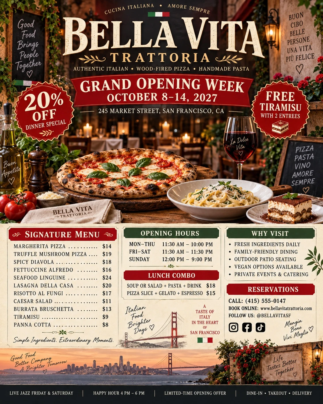 Restaurant poster with GRAND OPENING WEEK on a red ribbon