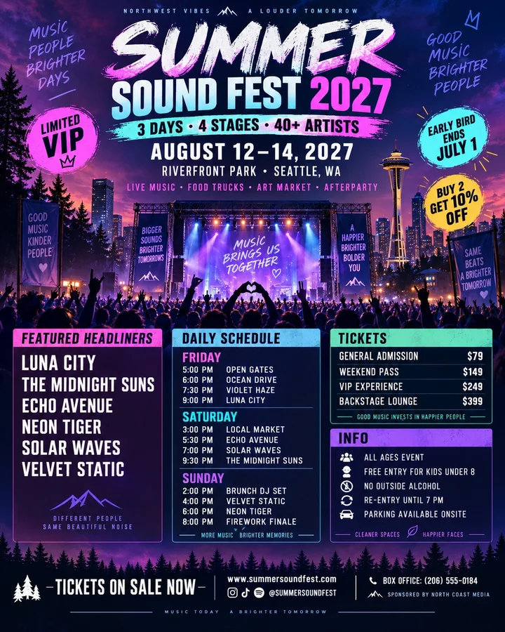 An example event poster with a date and colorful headline